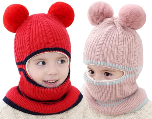 Toddler Winter Hat Baby Balaclava 2 in 1,Fleece Lined Knitted Beanie with Face Mask, Ear Flaps & Pom Pom for Boys Girls - color: Bear-pink+red
