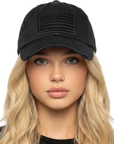 Funky Junque Distressed Baseball Cap, Vintage Embroidered Dad Hat - color: American Flag - Black