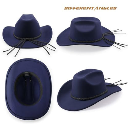 DRESHOW Western Cowboy Hat for Men Women Cowboy Cowgirl Hat Outdoor Wide Brim Retro Felt Fedora Hats Unisex Rolled up Caps - color: 1 Pack Style 9: Navy Blue With Braided Band
