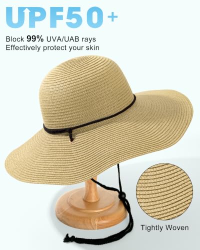 Sun Hats for Women, Summer Wide Brim Straw Beach Hat - color: Beige, size: X-Large