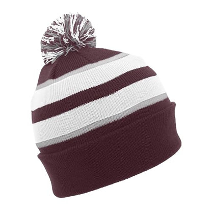 Pacific Headwear Unisex Adult Pacific Headwear Knit Fold Over Pom-pom Beanie - color: Maroon/White/Silver, size: One Size