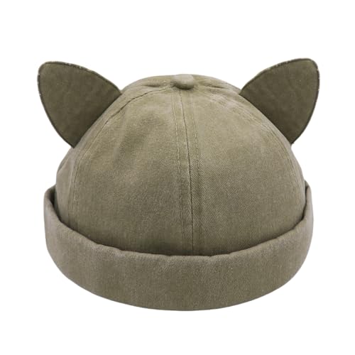 Cute Cat Ear Beanie Hats for Women Men Washed Cotton Brimless Docker Cap Retro Rolled Cuff Skull Cap - color: Khaki