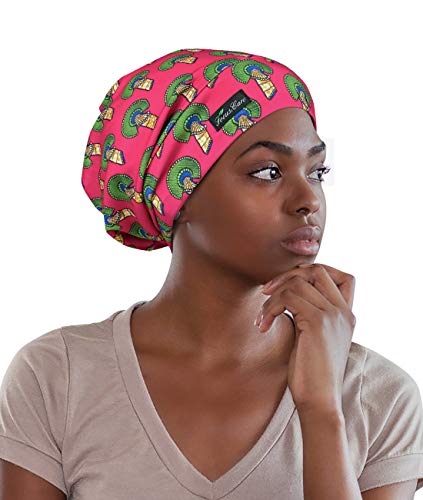 Adjustable Satin Lined Sleep Cap for Dreadlocks Curly Hair Large Head-Stay On Overnight - color: Red Gree