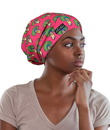 Adjustable Satin Lined Sleep Cap for Dreadlocks Curly Hair Large Head-Stay On Overnight - color: Red Gree