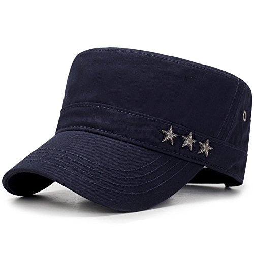 QZUnique Adjustable Flat Top Cap Solid Brim Army Cadet Style Military Hat - color: C- Blue