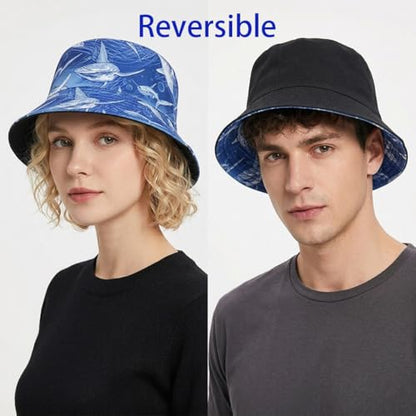 Shark Pattern Bucket Hat for Men Women, Reversible Double-Side-Wear Sun Hat, Packable Beach Fisherman Cap - color: Shark Pattern