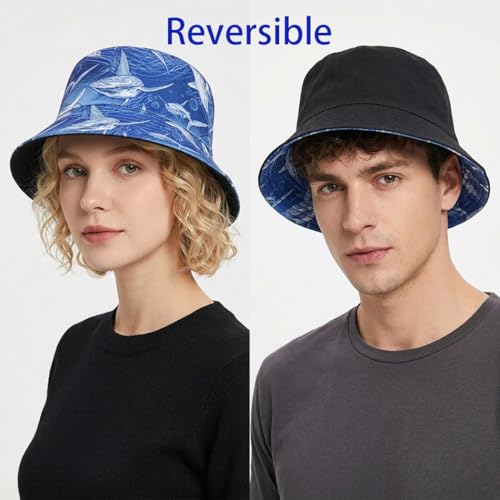 Shark Pattern Bucket Hat for Men Women, Reversible Double-Side-Wear Sun Hat, Packable Beach Fisherman Cap - color: Shark Pattern