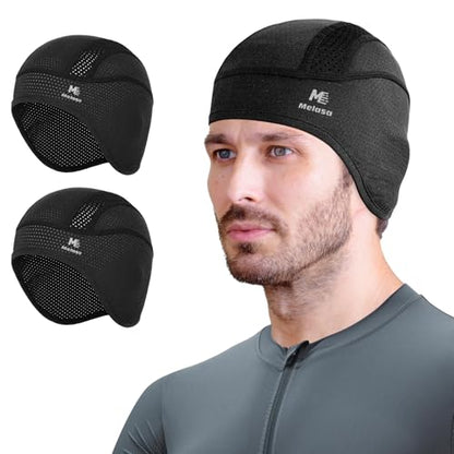 MELASA Cooling Skull Cap Helmet Liner with Ear Flaps, Breathable Mesh - color: Black & Black