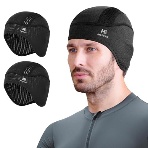 MELASA Cooling Skull Cap Helmet Liner with Ear Flaps, Breathable Mesh - color: Black & Black