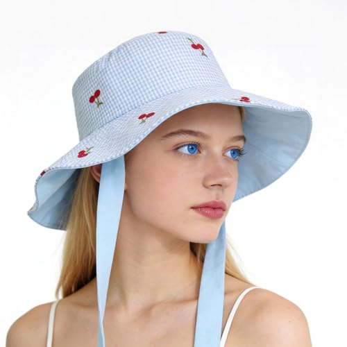 Women's Reversible Bucket Sun Hat with Cherries Embroidered Pattern, UPF 50+ UV Protection, Water Resistant for Beach Hiking - color: Light Blue