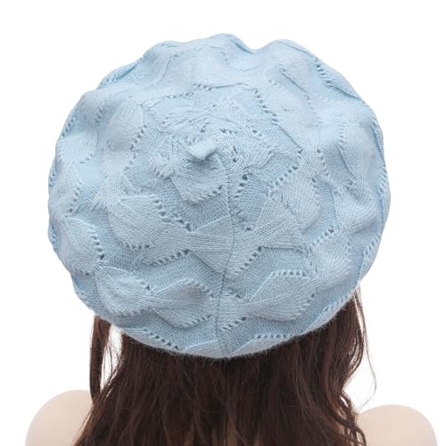 ZLYC Women French Beret Hat Reversible Solid Color Knit Warm Artist Cap - color: Cable Pattern Light Blue