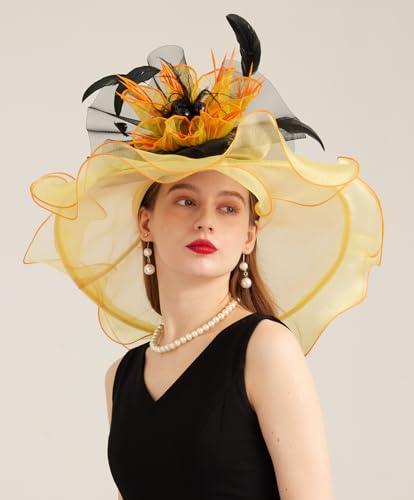 Women Derby Church Hat Organza Flower Wedding Tea Party Fascinator Wide Brim Sun Hat - color: 10-yellow Orange