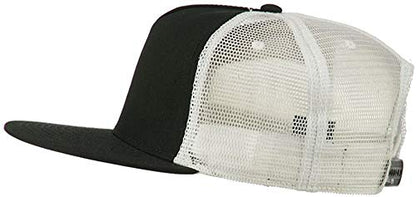 Ashen Fane 5 Panel Flat Visor Mesh Back Trucker Snapback Hat - color: Blk/Blk/Wht