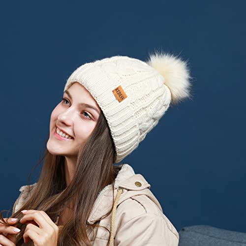 REDESS Women Winter Pompom Beanie Hat with Warm Fleece Lined Thick Slouchy Snow Knit Hat Skull Ski Cap - color: Pink