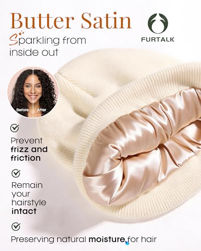 FURTALK Satin Lined Beanie for Women Men Knit Beanie Hat Acrylic Winter Hats Warm Slouchy Skull Cap - color: Beige