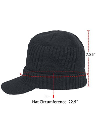 Dahlia Men's Beanie with Visor - Wool, Winter Hat w/Brim, Fleece Lined - color: Ribbed: Black