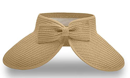 Straw Sun Visor for Women, Wide Brim UPF 50+ Protection Beach Hat, Adjustable, Roll Up Foldable Ponytail Cap with Chin Strap - color: Beige