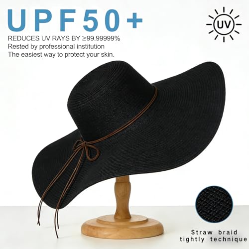 Womens Beach Sun Straw Hat Oversize Wide Brim Beach Roll up Hats Floppy Foldable Summer Hat Vacation UPF 50+ - color: Black