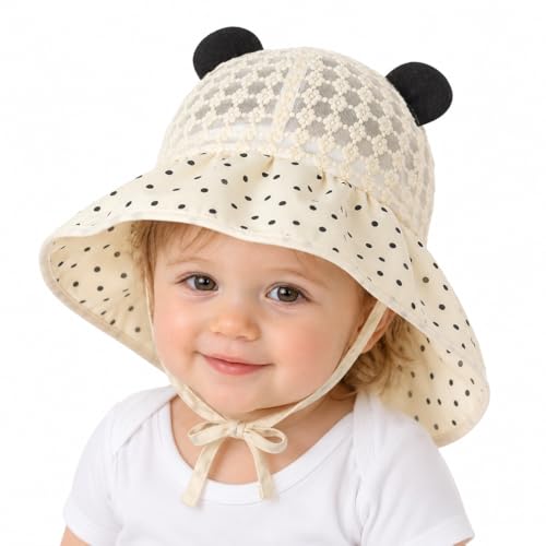 Toddler Girls Sun Hat - Wide Brim Bucket Hat with Neck Flap, Crochet Lace, Adjustable Strap (1-4 Years) - color: Bear Ears