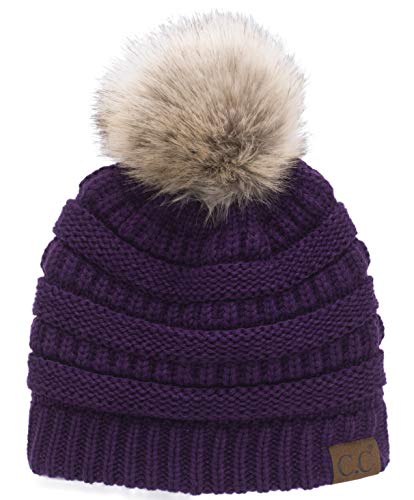 C.C Trendy Fuzzy Fleece Lined Warm Comfortable Soft Stretch Cable Knit Ribbed Faux Fur Pom Pom Beanie Hat - color: Deep Purple