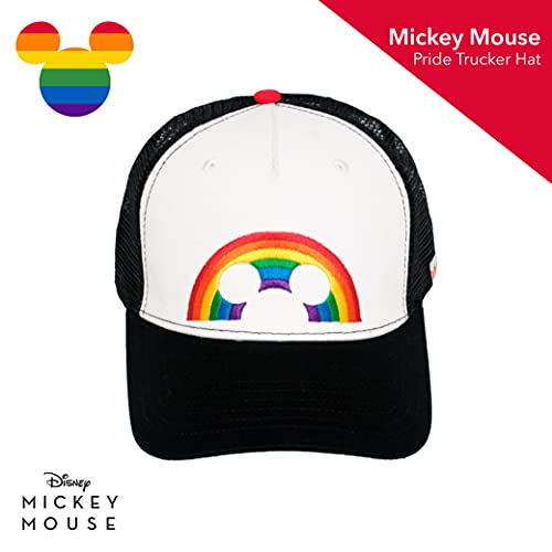 Concept One Unisex Adult Disney Mickey Mouse Trucker Hat, Rainbow Pride Mesh Back Snapback Baseball Cap - color: Black and White