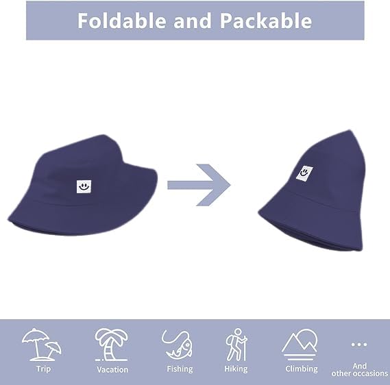 Kids Sun Hat Smile Face Bucket Hat for Girls Boys Summer Sun Protection Cotton Unisex Beach Cap - color: Navy
