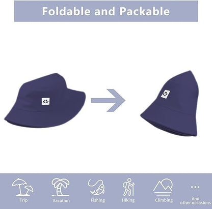 Kids Sun Hat Smile Face Bucket Hat for Girls Boys Summer Sun Protection Cotton Unisex Beach Cap - color: Navy