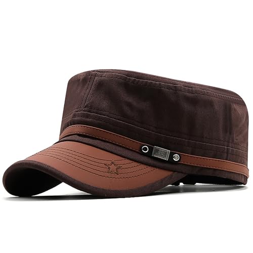 Cadet Army Cap for Men Women Military Adjustable Unisex Flat Top Hat - color: Brown
