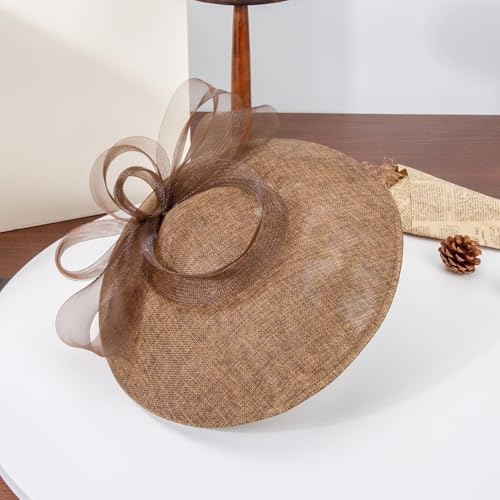 Elegant Wide Brim Fascinator Hat for Women, Detachable Headband & Clip - color: Dark Coffee