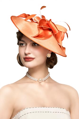 BABEYOND Derby Hats for Women Wide Brim Flower Feather Tea Party Fascinator - color: Orange
