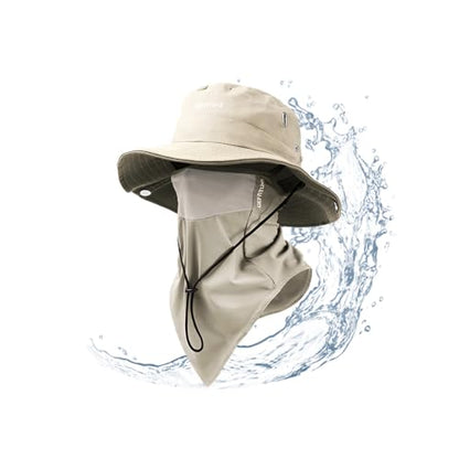 Wide-Brimmed Sun Hat,Fishing Hat,for Beach Fishing, Hiking,Camping,with Cooling Silk Mask to Block Mosquitoes(Hat + Mask) - color: Khaki