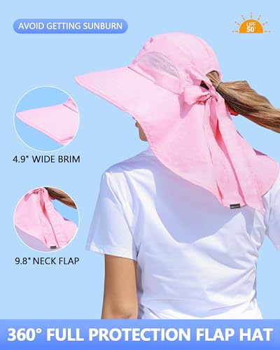 Womens Sun Hat Outdoor UV Protection Wide Brim Fishing Hat with Ponytail Hole Neck Flap for Beach Hiking Camping - color: Sun Hat-pink