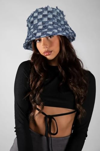 Women's Washed Cotton Bucket Hat Cowboy Checkerboard Fishermen Hat - color: Dark Blue
