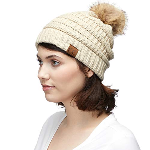 C.C Fur Pom Winter Fall Trendy Chunky Stretchy Cable Knit Beanie Hat - color: Solid Beige