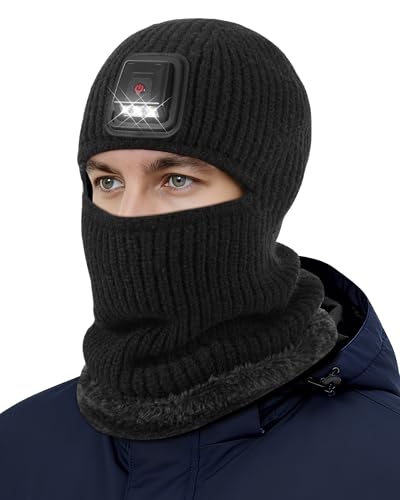 Winter Balaclava Knitted Ski Mask with LED Light - Fleece Lined Full Face Cover Windproof Snow Mask for Skiing, Motorcycling - color: Black
