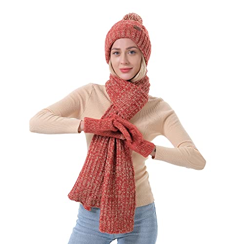 MAYLISACC Womens Hat Scarf Gloves Set, Stylish Winter Knitted Warm Beanie Caps+Long Scarves+Touch Screen Gloves for Laydies - color: Red