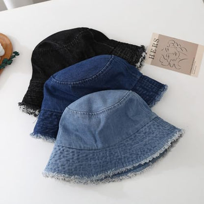 Quanhaigou Frayed Unisex Sun Hats, Fashion Beach Bucket Hat for Men Women,Summer Outdoor Boy's Girls Boonie Cap - color: Denim Black