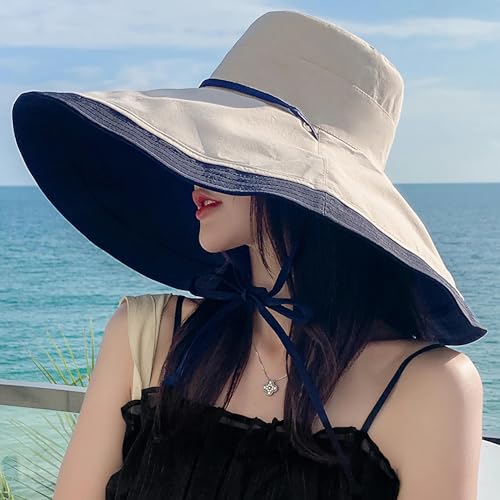 HUAMULAN Women Summer Vacation Wide Brim Sun Hat Reversible Fishing Hats - color: Navybeige