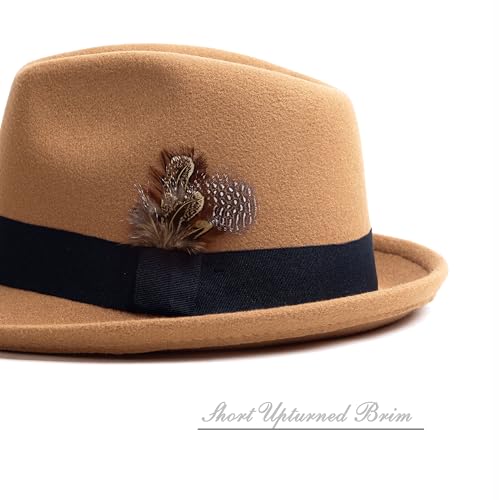 Short Brim Fedora Hat for Men Women Felt Trilby with Feather - color: Camel