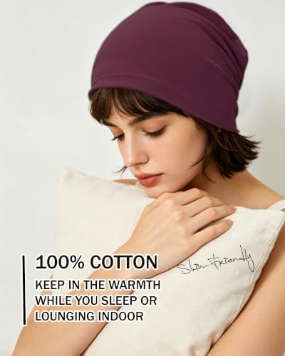 ROYBENS 100% Cotton Thin Slouchy Beanie Hat Women Men Lightweight Chemo Cap - color: 1pcs-wine Red