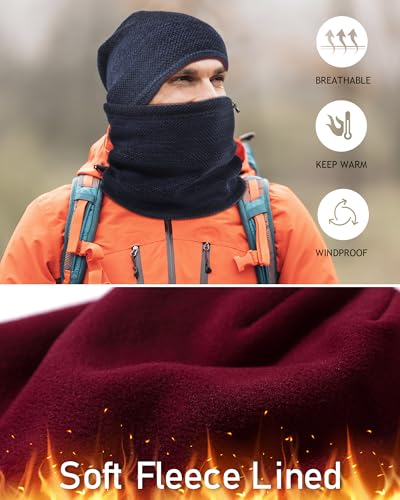 Winter Mens Beanie Hat Scarf Set Fleece Lined Windproof Ski Skull Cap Women - color: Blue+red