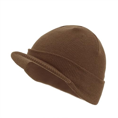 The Vintage Year Visor Beanie Billed Knit Radar Cuff Skull Cap Sports Outdoor Winter Stretch Acrylic One Size Men Women - color: Dark Brown