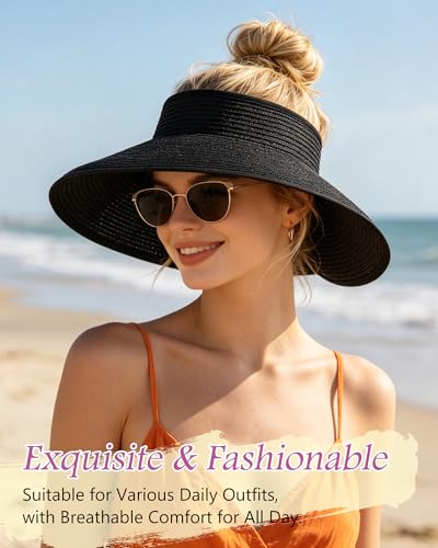 3 Pack Women's Straw Sun Visor Hat,Outdoor Wide Brim UV Protection Foldable,Adjustable Packable Ponytail Summer Sun Hat - color: Khaki＆beige＆black