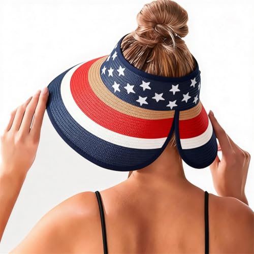 Women Sun Visors Wide Brim Foldable Packable Ponytail Beach Hat Straw Leopard Roll Up Bow Visor Sun Hats - color: Flag