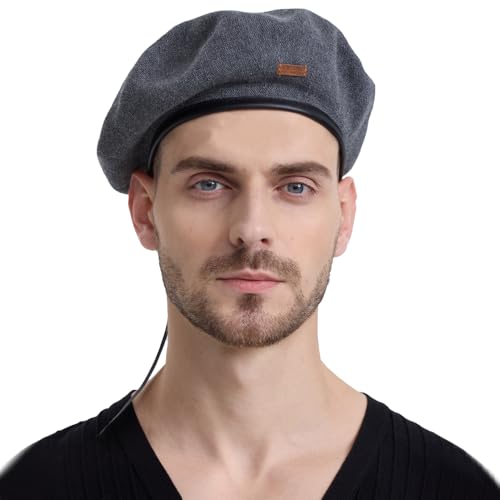Cotton French Beret Hat for Men Women, Military Style Beret Cap with Leather Label & Drawstring, Casual Beanie - color: Grey