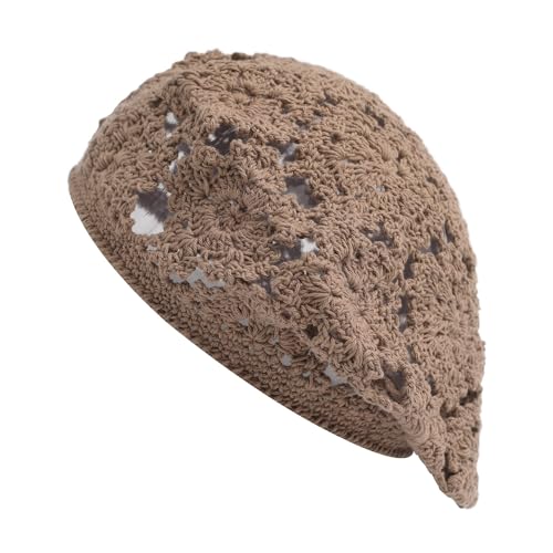 ZLYC Women Cotton Slouchy Crochet Beret Handmade Cutout Floral Beanie Hat - color: Floral Camel