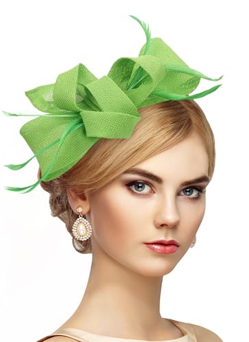 Zinniday Victoria Tea Party Hat - 2025 Bow Derby Attire Hats with Hairpin,1920s 50s Feather Fascinators for Women - color: Sage Green