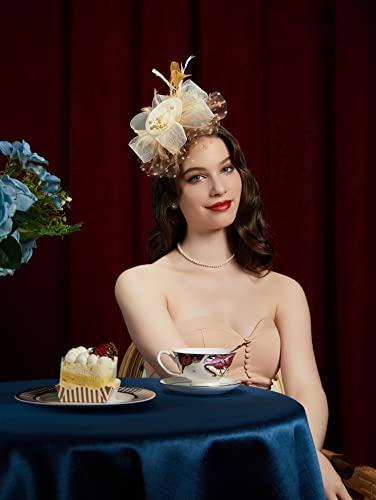 Kentucky Derby Fascinators for Women High Tea Party Hat Wedding Cocktail Flower Headware with Mesh and Feathers - color: Gold&beige