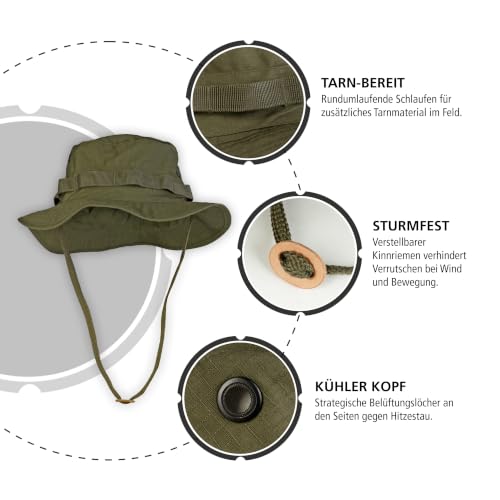 Mil-Tec Unisex Cotton Ripstop Boonie Hat - Durable Lightweight Tactical Outdoor Vented Wide Brim Hat w/Adjustable Chin Strap - color: Olive Drab, size: Medium