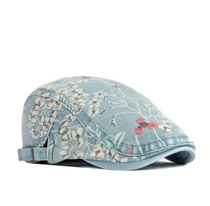 Quanhaigou Unisex Denim Newsboy Hats Flat Ivy Gatsby Cabbie Driving Berets Hat Cotton Dad Cap for Men Women - color: Denim Flower Light Blue